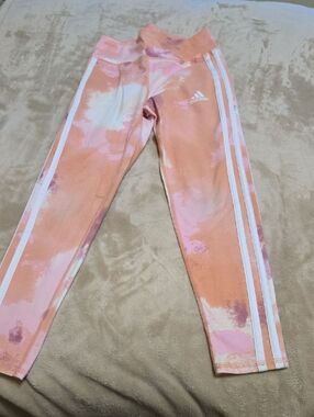 adidas Pink & Peach Tie-Dye Kids Leggings with White Stripes